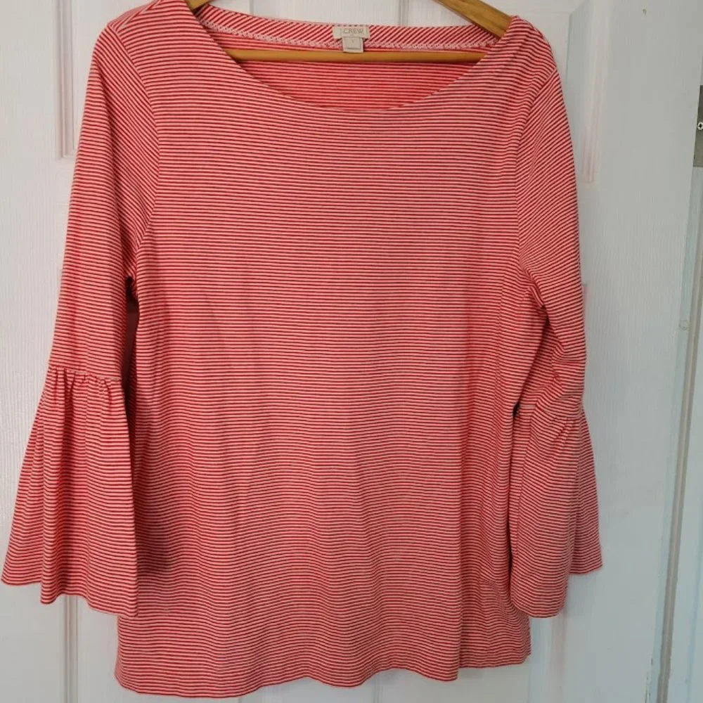 J. Crew red striped‎ cotton top with flared sleeves NWOT